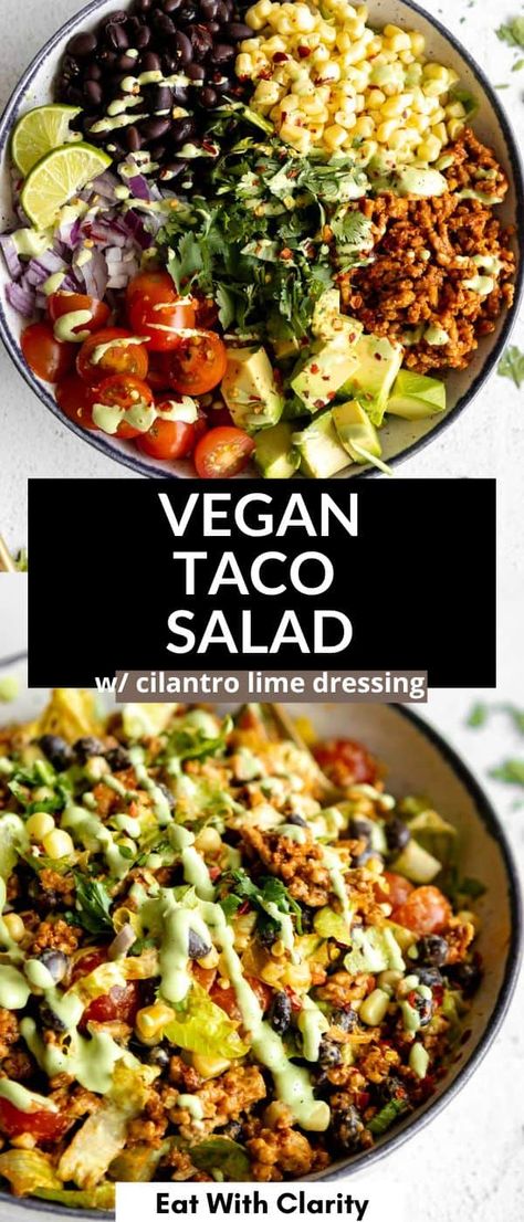 This simple vegan taco salad is fresh, easy to make, packed with protein from black beans and vegan taco meat. With tomatoes, corn and creamy avocado. This vegan salad is healthy and topped with a cilantro lime vinaigrette dressing. Lime Vinaigrette Dressing, Vegan Taco Meat, Vegan Taco Salad, Vegan Tacos Meat, Taco Salat, Cilantro Lime Vinaigrette, Vegan Taco, Plat Vegan, Vegan Summer Recipes