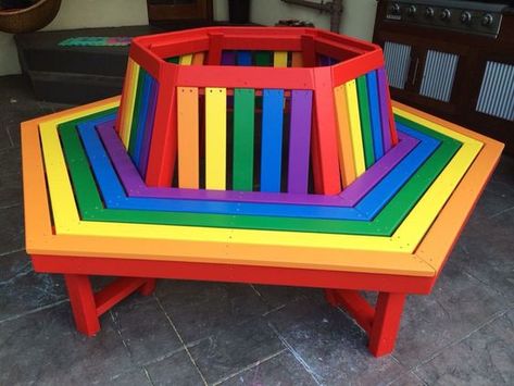 Friendship Bench Schools, Buddy Bench Ideas, Friendship Bench, School Playground Ideas, Colorful Playground, Buddy Bench, Church Playground, Preschool Playground, Daycare Design