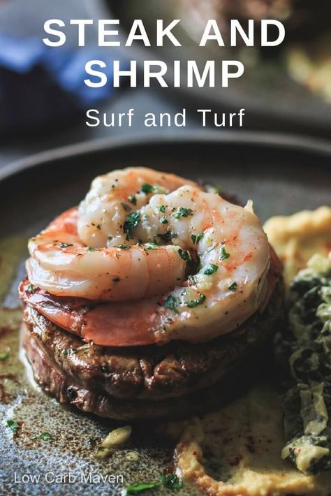 Surf and Turf recipe featuring filet mignon and shrimp with garlic butter sauce. #lowcarb #keto #dinner #skillet Pancakes Low Carb, Shrimp With Garlic, Keto Shrimp Recipes, Filet Mignon Recipes, Dessert Mousse, Pastas Recipes, Low Carb Maven, Steak And Shrimp, Breakfast Low Carb