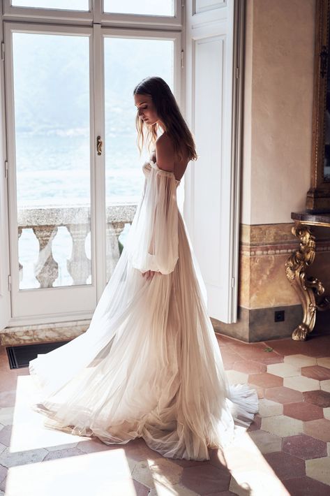 LUCIA off the shoulder wedding dress with billowing sleeves from the LAGO DI COMO Bridal Collection by Mariana Hardwick Mariana Hardwick, Long Sleeve Prom, Hair Raising, Tulle Ball Gown, Sleeve Wedding Dress, Herren Outfit, A Wedding Dress, Moda Boho, Tulle Prom Dress