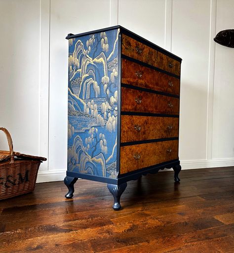 Chinoiserie Walnut Chest Of Drawers, Blue Antique Drawers, Upcycled Vintage Drawers, Retro Chest Of Drawers Wallpaper Drawers, Bedroom Eclectic, Mountain Scenes, Gold Mountain, Willow Trees, Chest Of Drawers Bedroom, Tree Cottage, Blue Dresser, Antique Drawers