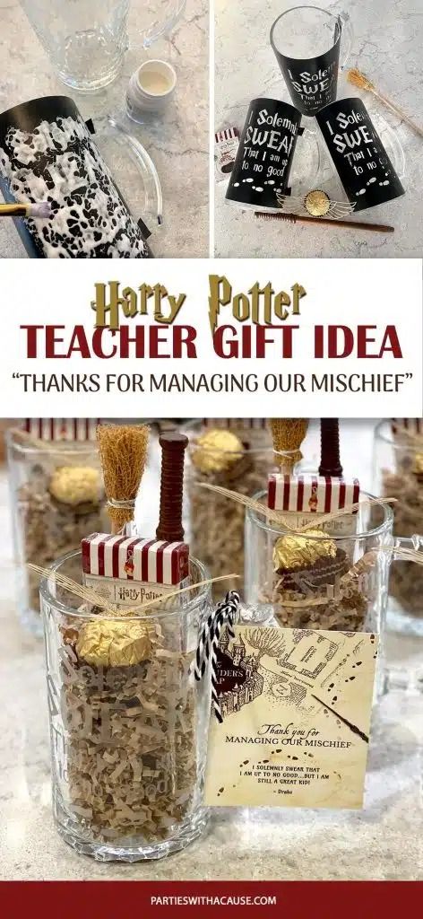 Harry Potter Teacher Gift Ideas - Thank You for a Magical Education - Parties With A Cause Harry Potter Gift Basket Ideas, Teacher Harry Potter Gifts, Harry Potter Teacher Gifts, Harry Potter Basket Gift, Diy Gifts For Harry Potter Fans, Harry Potter Teacher Appreciation, Harry Potter Teacher Appreciation Door, Teacher Harry Potter Cup, Harry Potter Gift Basket