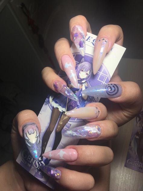 Hsr Nails, Kokomi Nails, Genshin Nails Design, Genshin Nails, Carnival Nails, Manicures Designs, Simple Nail Designs, Funky Nails, Cute Acrylic Nails