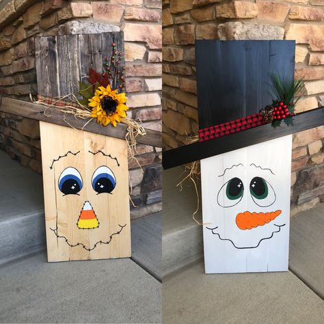 Double Sided Scarecrow And Snowman Diy, Double Sided Snowman And Scarecrow, Reversible Scarecrow And Snowman, Paint Stick Scarecrow, Scarecrow Wood Sign, Scarecrow Porch Leaner, Fall Craft Night Ideas Ladies, Winter Craft Diy, Scarecrow Sign