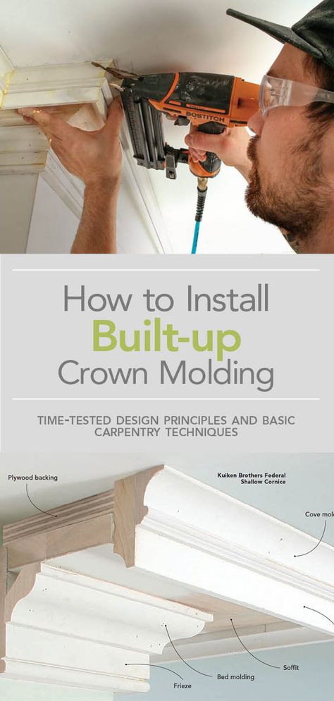 Use these time-tested design principles and basic carpentry techniques to create beautiful layered crown and cornice trim details that will dress up any room in your house - Fine Homebuilding #CrownMolding #Trim #TrimDetail #Crown #Cornice #DIY #Carpentry #Design #WoodWork Stained Wood Crown Molding, Foyer Trim, Kitchen Trim, Modern Crown Molding, Easy Crown Molding, Basic Carpentry, Victorian Home Ideas, Fine Woodworking Furniture, Diy Carpentry