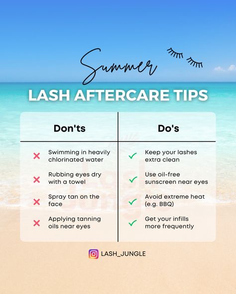 Lash Extensions Tips For Clients, Lash Facts Quotes, Summer Lash Tips, How To Take Care Of Lash Extensions, Summer Lash Extensions, Lash Extension Facts, Lash Tips For Clients, Lash Sayings, Lash Tech Policies