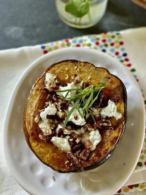 Maple- Pecan – Goat Cheese Roasted Acorn Squash with tarragon Acorn Squash Goat Cheese, Squash Goat Cheese, Tarragon Recipes, Mushroom Vegetable, Roasted Acorn Squash, Maple Pecan, Vegetable Pasta, Acorn Squash, Cooking With Kids