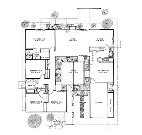 eichler house floorplan Atrium House Floorplan, Eichler Homes Floor Plans, Eichler House, House Floorplan, Atrium House, Eichler Homes, Courtyard House Plans, Vintage House Plans, Sims House Plans