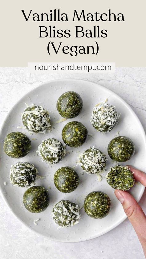 A plate of vanilla matcha bliss balls with some rolled in coconut threads Matcha Energy Bites, Matcha Energy Balls, Matcha White Chocolate, Diy Healthy Snacks, Mid Morning Snack, Healthy Sweet Snacks, Bliss Balls, Chocolate Dipped Strawberries, Easy Snack Recipes