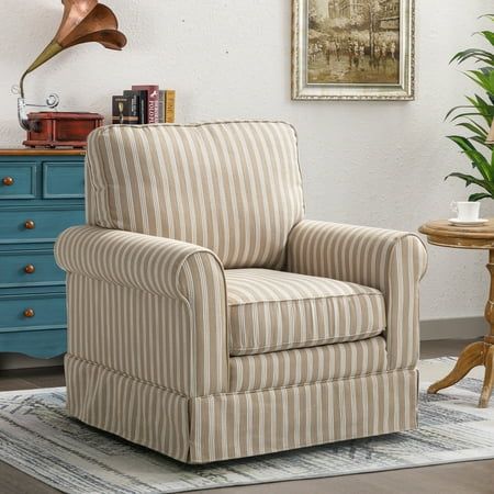 The Ebello 30" Wide Bohemian Cotton Blend Vertical Stripe Sloped Arm Swivel Accent Chair in Brown is a masterpiece of comfort and style, combines a bohemian flair with modern sophistication, making it a perfect addition to any home seeking a blend of style and comfort. The cotton blend fabric adorned with vertical stripes offers a tactile and visual pleasure, ensuring this piece not only stands out but also fits seamlessly into a variety of decor themes. Striped Armchair Living Room, Accent Chairs Patterned, Pattern Accent Chairs For Living Room, Printed Armchair, Striped Accent Chair, Small Accent Chair, Swivel Accent Chairs, Roll Arm Chair, Print Armchair