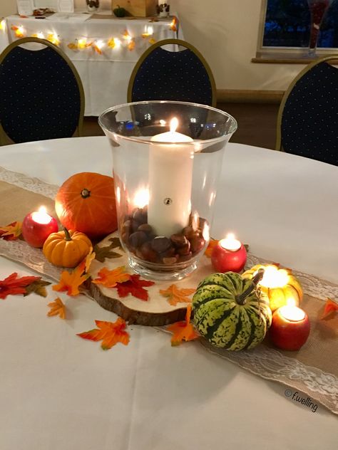 Pumpkins, apples, conkers and candles. Apple And Pumpkin Centerpieces, Conker Decorations, Autumn Diy, Pumpkin Wedding, Autumn Weddings, Centre Piece, Table Centers, Wedding Table Centerpieces, Thanksgiving Decor