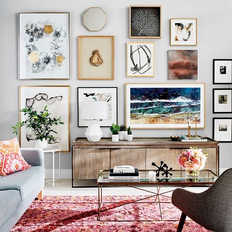 Spot the TV in this stylish art wall! #StyleAtHome created this fab look anchored around the #SamsungFrameTV (featuring a dark blue sea artwork) #mariepauleREALTOR #ArtWall Frame Tv Gallery Wall, Tv Gallery Wall, Standby Mode, Cheap Living Room Sets, A Frame Cabins, Modern Gallery Wall, Gallery Wall Living Room, Tv Wall Decor, Style At Home