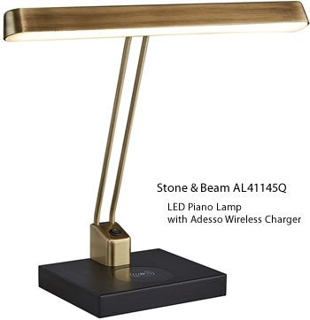 Stone & Beam AL41145Q LED Piano Lamp with USB and Adesso Wireless Charger - Antiqued brass and matte black finish come together in this handsome minimalist piano or desk lamp. The base includes a USB and Qi wireless charging station for your devices. The adjustable shade allow you to control the direction of the light.  - Lecturn & Piano Lights - Deep Discount Lighting Piano Lighting Ideas, Piano Lamp Ideas, Piano Lighting, Piano Lights, Minimalist Piano, Piano Light, Art Nouveau Desk, Piano Lamp, Piano Desk