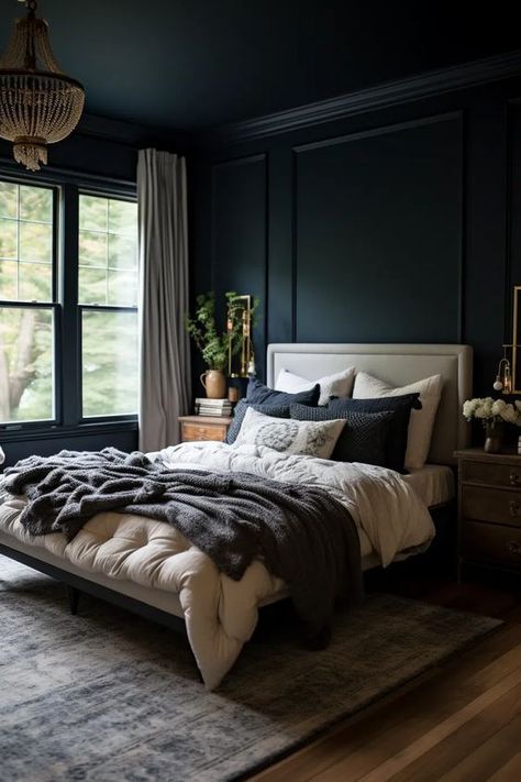 Discover moody and dark bedroom ideas that will inspire your next redecorating project. These stunning designs prove that moody can be marvelous. Dark Master Bedrooms Decor, Charleston Bedroom, Dark Modern Bedroom, Bedroom Accents, Lakehouse Bedroom, Suite Decor, Moody Bedroom Ideas, Luxury Bedrooms, Canopy Bed Frame