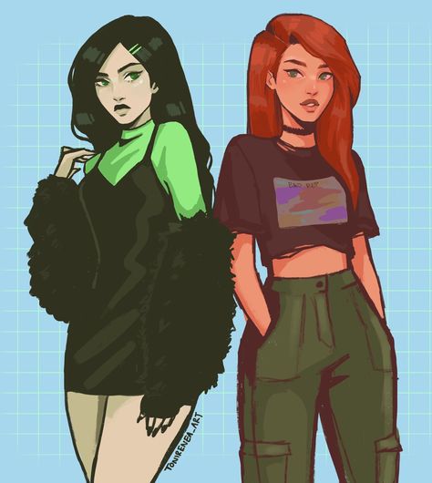 this feels like a couple but i also want to be both of them.. or one of them with the other as a couple idk its 3am WAIT ITS KIM POSSIBLE Tonirenea Art, Shego And Kim, Cartoon Kunst, Kim Possible, Japon Illustration, Fete Anime, Cute Art Styles, Girls Cartoon Art, Halloween Kostüm