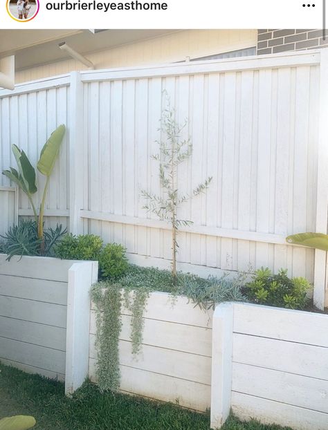 White Fence Backyard Landscaping, Coastal Driveway Ideas, Coastal Retaining Wall, White Retaining Wall, White Fence Garden, White Timber Fence, White Fence Backyard, White Fence Pool Area, Pool With White Fence