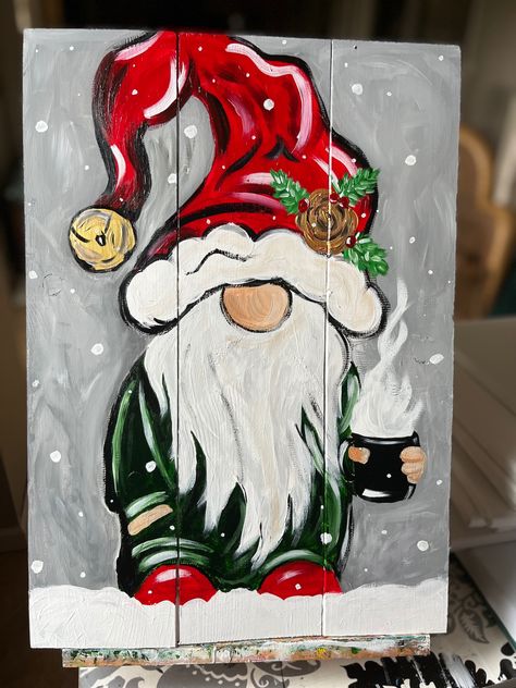 Christmas Theme Paintings, Gnome Paintings On Wood, Christmas Gnome Painting Ideas, Painted Christmas Gnomes, Reindeer Paintings, Painting Gnomes, Christmas Gnome Painting Canvas, Gnome Christmas Painting, Christmas Gnomes Painted On Wood