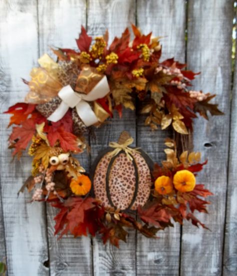 Leopard Pumpkin Fall Wreath for Front Door, Elegant 5 Ribbon Bow, Frosted Berries, Gold Spray, 18" Grapevine Wreath Base, Door Decor Wreath Pumpkin Fall Wreath, Frosted Berries, Leopard Print Pumpkin, Autumn Florals, Fall Wreath For Front Door, Leopard Pumpkin, Wreath Base, Gold Spray, Velvet Pumpkins