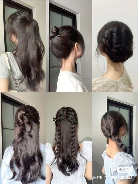 Kpop Half Up Half Down Hair, Half Up Half Down Hair Korean, Cute Hairstyles Asian, Asian Updo Hairstyles, Cute Bun Hairstyles For Long Hair, Vietnamese Hairstyles, Different Hairstyles For Long Hair, Hairstyles For Mid Length Hair, Asian Hairstyles