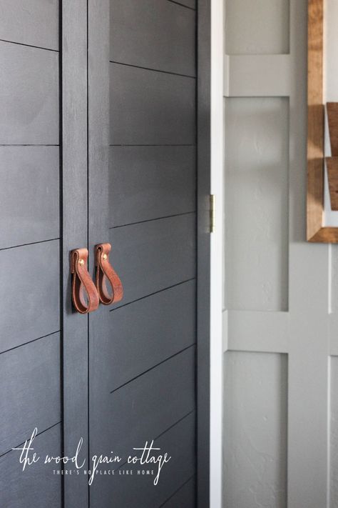 Folding Door Makeover, Diy Leather Pulls, Diy Closet Door, Bifold Doors Makeover, Wood Closet Doors, Diy Closet Doors, Painted Closet, Closet Door Makeover, Closet Built Ins