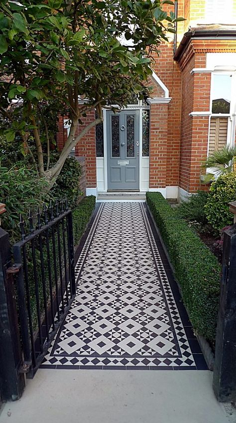 Victorian Mosaic Tile, Victorian Front Garden, Victorian Front Door, Front Path, Victorian Front Doors, Small Front Gardens, York Stone, Porch Tile, Victorian Terrace House