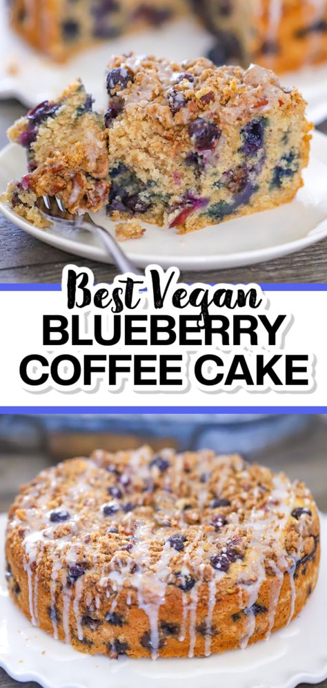 Attention all coffee and cake lovers!  This delectable Vegan Blueberry Coffee Cake recipe is a moist and fluffy coffee cake loaded with juicy blueberries with a pecan  streusel crumble!  Perfect when you’re craving a healthy breakfast or snack cake that is easy to make, dairy-free and egg-free!  GF option available! Vegan Blueberry Cake, Blueberry Coffee Cake Recipe, Almond Crumble, Blueberry Crumb Cake, Blueberry Coffee Cake, Blueberry Coffee, Coffee Cake Recipe, Vegan Blueberry, Cake Vegan