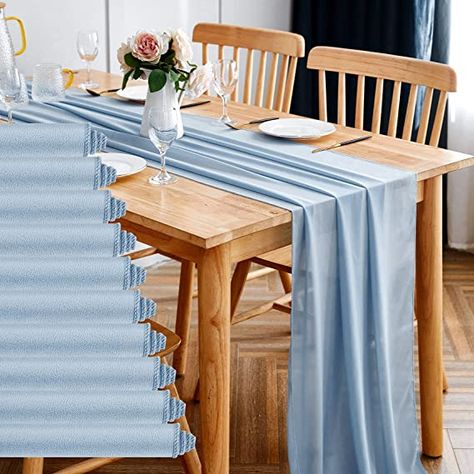 What a pretty pale blue! Use these for a wedding, bridal shower, or baby shower! Blue Chiffon Table Runner, Chiffon Table Runner, Sky Blue Weddings, Gauze Table Runner, Party Cake Table, Birthday Party Table Decorations, Birthday Party Table, Blue Table Runner, Blue Tablecloth