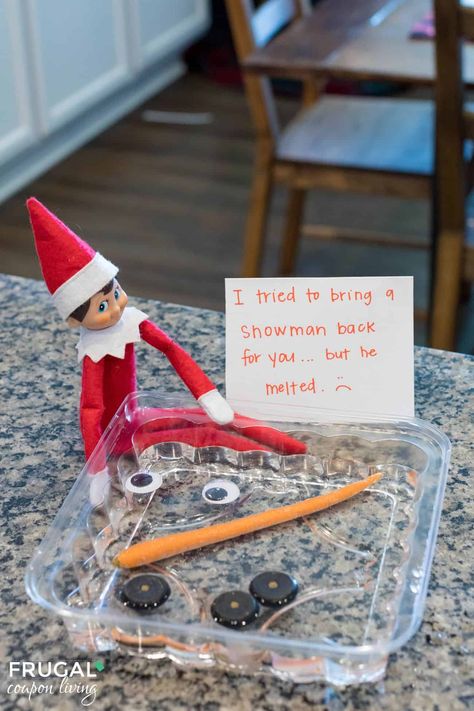 Recreate this funny Elf on the Shelf melted snowman idea using googly eyes, buttons, and a carrot nose. Super simple and adorably cute. New Elf on the Shelf ideas daily plus free Elf on the Shelf printables. #FrugalCouponLiving #ElfontheShelf Googly Eye Elf On The Shelf, Elf Melted Snowman, Elf On The Shelf Melted Snowman, Frozen Elf On The Shelf, Melted Snowman Elf On The Shelf, Snowman Elf On The Shelf, Simple Elf Ideas, Elf Printables Free, Elf On The Shelf Printables