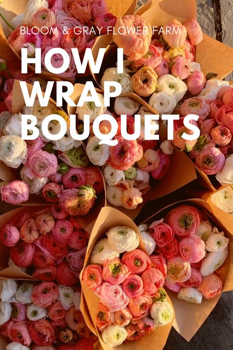 Floret Farm Bouquets, Bouquet Stand Holder, Paper Wrapping Bouquet, How To Wrap Floral Bouquet, Flower Wraps Bouquet, Kraft Paper Flower Wrap, Selling Flowers Ideas, Wrapped Flowers In Paper, Flower Stand Roadside