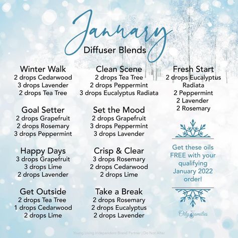 January Diffuser Blends, Diffuser Blends Young Living, Essential Oils Young Living, Doterra Diffuser Blends, Essential Oil Combinations, Month January, Aromatherapy Essential Oils, Doterra Essential Oils Recipes, Healing Essential Oils