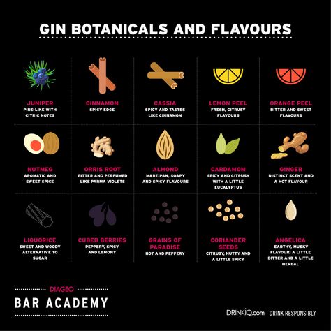 Gin botanicals Gin Botanicals Recipes, Gin Botanicals, Gin Recipes, Parma Violets, Cinnamon Flavor, Lemon Peel, Orange Peel, Marzipan, Licorice