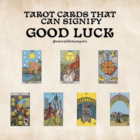 Which Tarot Cards Signify Good Luck? | Tarot Tips — Emerald Lotus Tarot Reading Business, Tarot Knowledge, Tarot Waite, Reading Tricks, Tarot Guidebook, Tarot Interpretation, The Moon Tarot Card, Witch Tips, Tarot Cards For Beginners