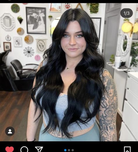 Blonde To Black Hair Before And After, Black Hair Curtain Bangs, Soft Black Hair, Long Haircuts, Black Hair Color, Hair Idea, Dark Brown Hair, Color Hair, Long Hair Cuts