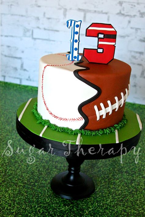 Baseball football cake by Sugar Therapy. Football Baseball Cake, Football And Baseball Cake, Boys 13th Birthday Cake, Baseball Cakes For Boys Birthdays, Sports Cakes For Boys Birthdays, Graduation Cakes For High School, Sports Birthday Cakes, Sports Themed Cakes, Sports Cakes