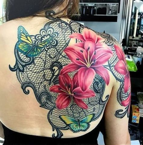 Flowers With Birthday Tattoo, Lily And Lace Tattoo, Michelle Tattoo, Black Lace Tattoo, Lace Tattoos, Realistic Flower Tattoo, Side Wrist Tattoos, Lace Ideas, Favorite Tattoos