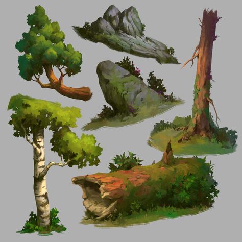 ArtStation - Forest props study, Nick Serpilov Environment Painting, Concept Art Tutorial, Props Art, Landscape Concept, Drawing Style, Digital Painting Tutorials, Arte Sketchbook, Lukisan Cat Air, Landscape Drawings