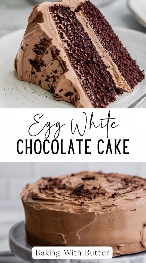 This egg white chocolate cake is super fudgy, moist and rich. It’s a perfect dessert with leftover egg whites – both in the cake and the chocolate Swiss meringue buttercream frosting. Swiss Meringue Buttercream Frosting, Meringue Buttercream Frosting, White Buttercream Frosting, Chocolate Swiss Meringue Buttercream, Rich Cake, White Chocolate Cake, Cake Baking Recipes, Tasty Chocolate Cake, Swiss Meringue