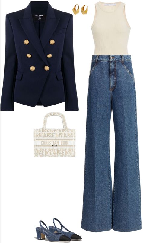 Outfits With Navy Blazer, Outfits With Blue Blazers Women, Blue Jean Blazer Outfits For Women, Blazer Formal Outfit Women, Blazer Outfits Classy, Navy Blue Blazer Outfit Women, Navy Blazer Outfit, Jeans And Blazer Outfit, Blue Blazer Outfits For Women