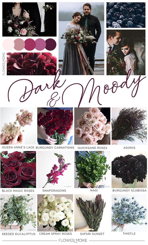 Dark Romantic Wedding, Flower Moxie, Dark Wedding Theme, Goth Wedding, Dark Wedding, Dark And Moody, Moody Wedding, Wedding Theme Colors, Gothic Wedding