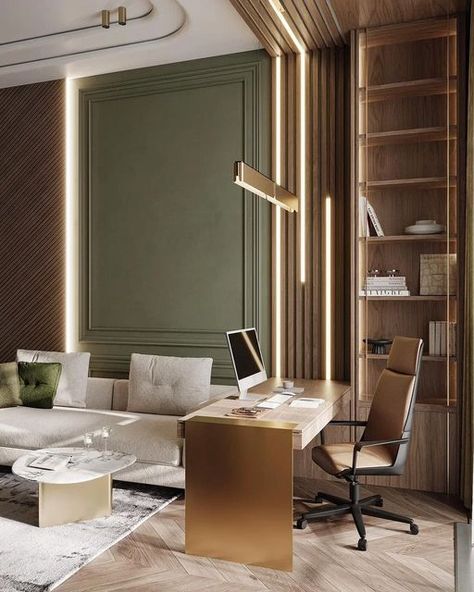 INSPLOSION on Instagram: "Dive into a sophisticated and contemporary workspace adorned with serene green hues and warm wooden accents. This meticulously crafted office setting provides the ideal atmosphere to enhance concentration and transform your ambitious projects into reality. 🌿 Designed with flair by @rublevadesign 📌 Find trending decor details and ideas 👉🏼 link in bio #insplosion #luxuryhouses #luxuryrooms #covethouse #covetgroup #office #officedesign #officefurniture #officespace #officeinspo #modernoffice #interiortrends #interiors123 #designinspiration #creativeinteriors #interiorstyling #arquitectura #interiorarchitecture #interiorarchitectures #vogueliving #modernofficedesign #modernoffices #modernofficefurniture #modernofficeinspo" Cloffice Ideas, Chic Workspace, Sleek Desk, Modern Home Offices, Small Space Office, Small Space Bedroom, Home Office Setup, Trendy Home, Chic Home