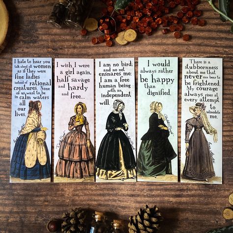 The Bronte & Austen Illustrated bookmark collection, featuring a selection of courageous, extraordinary quotes on life from some of literature's finest women, accompanied by vintage Regency illustrations. These bookmarks are designed and handcrafted in my studio here in Cork, Ireland. The bookmarks measure 55mm x 170mm (2.2 x 6.6inches), and are printed on thick 400gsm matte paper with a luxurious silk coating for an elegant finish. The design is one sided; the back is features an aged texture a Jane Austen Book Illustration, Women In Literature, Books Aesthetic Jane Austen, Persuasion Jane Austen Illustrations, Extraordinary Quotes, Emma Jane Austen Book Cover, Jane Austen Bookmark, Victorian Literature, Bookmark Collection