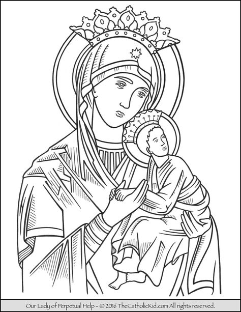 Our Lady of Perpetual Help Coloring Page Virgin Guadalupe, Saint Coloring, Our Lady Of Perpetual Help, Lady Of Perpetual Help, Drawing Kids, Jesus Drawings, Desen Realist, Tattoo Outline Drawing, Siluete Umane