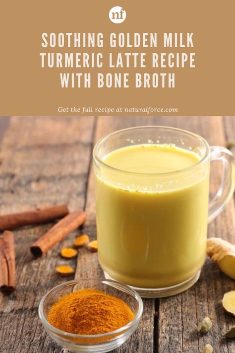 Enjoy a relaxing moment to yourself with this soothing Golden Milk Turmeric Latte recipe. Featuring two powerful anti-inflammatory ingredients, organic bone broth, and turmeric, this unique take on a traditional ayurvedic elixir will boost your health by strengthening your gut and supporting your immune system. Cinnamon Turmeric Ginger Coffee, Ginger Turmeric Cinnamon Tea, Turmeric Coffee, Turmeric Milk Recipe, Turmeric Latte Recipe, Ginger Coffee, Turmeric Golden Milk, Cinnamon Drink, Golden Milk Recipe