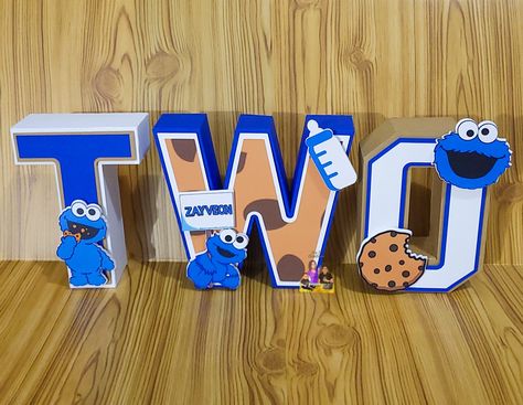 Cookie Monster themed 3D Letters. Perfect for table decor! Monster Letters, 3d Cookie, 3d Letters, Wood Letters, Cookie Monster, Monster Cookies, Letters And Numbers, 2nd Birthday, Table Decor