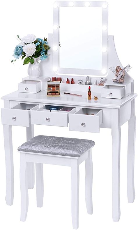 Amazon.com: BEWISHOME Vanity Set with Lighted Mirror, 10 LED Dimmable Bulbs, Cushioned Stool, Makeup Vanity Makeup Table Dressing Table 5 Drawers 2 Dividers Removable Organizers White FST08W: Furniture & Decor White Vanity Desk, Makeup Vanity Lighting, Vanity Makeup Table, Table Dressing, Vanity Benches, Lighted Vanity Mirror, Lighted Mirror, Vanity Makeup, Bedroom Desk