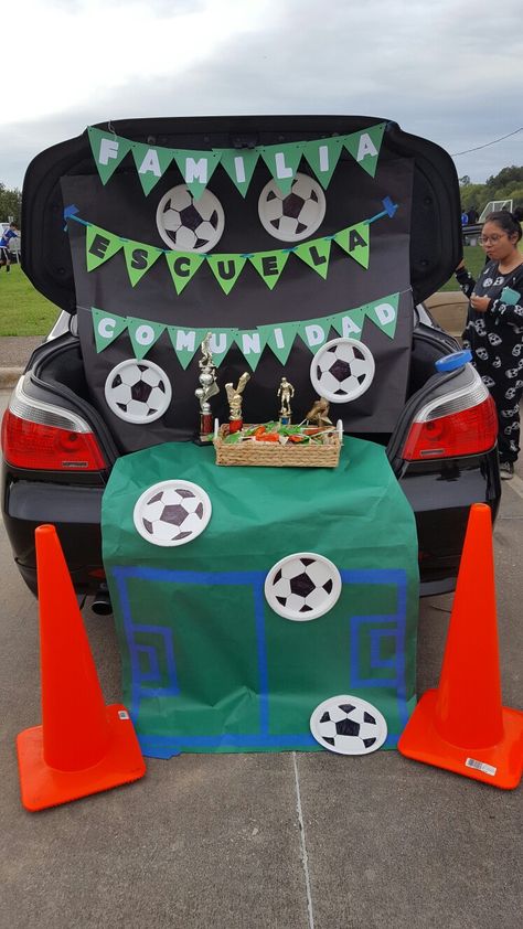 Soccer Themed Soccer Theme Trunk Or Treat, Trunk Or Treat Soccer Theme, Soccer Trunk Or Treat, Soccer Trunk Or Treat Ideas, Football Trunk Or Treat Ideas, Football Trunk Or Treat, Soccer Decorations, Halloween Car Decorations, Soccer Banquet