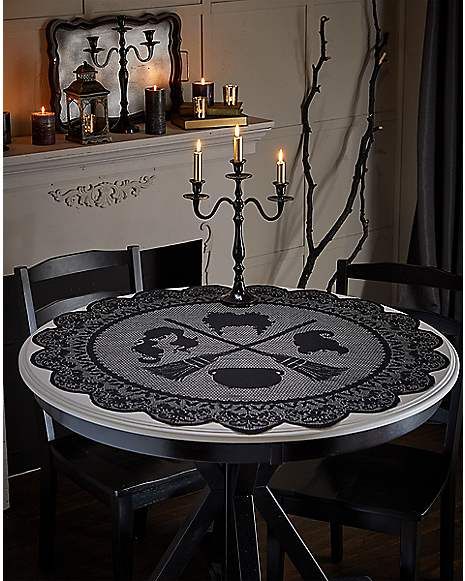 Round Tablecloth 40 Inch – Hocus Pocus - Spirithalloween.com Hocus Pocus Candle, Hocus Pocus Decorations, Hocus Pocus Halloween, Movie Decor, Halloween Kitchen, Lace Tablecloth, Halloween Decorations Indoor, Halloween Lights, Halloween Table