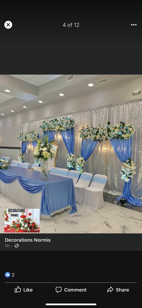 Quince Main Table Ideas Blue, Quince Main Table, Quince Main Table Ideas, Tangled Quince, Royal Blue Quince, Light Blue Decor, Quince Stuff, Flower Backdrop Wedding, Blue Quince