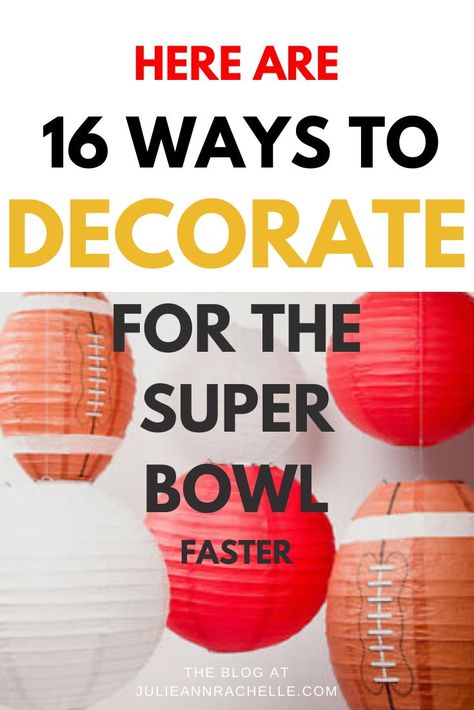 Learn how to decorate faster for your Super Bowl party by using these 16 ideas for decorations, food storage, and seating. Click here to read #affiliatelink #afflink #superbowl #decorating Small Superbowl Party, Super Bowl Decorations Ideas, Super Bowl Table Decorations, Diy Super Bowl Decorations, Super Bowl Party Decorations Diy, Super Bowl Party Decor, Super Bowl Party Ideas Decorations, Superbowl Party Decorations Diy, Superbowl Decorations