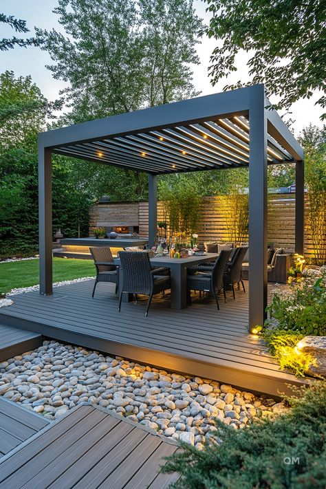 Cozy outdoor dining area with a modern pergola and ambient lighting, perfect inspiration for rustic industrial house design exterior or modern small home design. Simple Pergola Ideas, Simple Pergola, Patio Pergola, Modern Pergola, Cozy Backyard, Pergola Design, Cozy Patio, Plane Ticket, Backyard Renovations